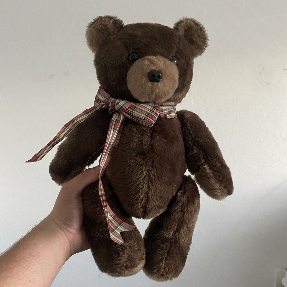 RUSS Stuffed JAX TEDDY BEAR FAUX FUR Plush Brown Animal Plaid Bow Toy